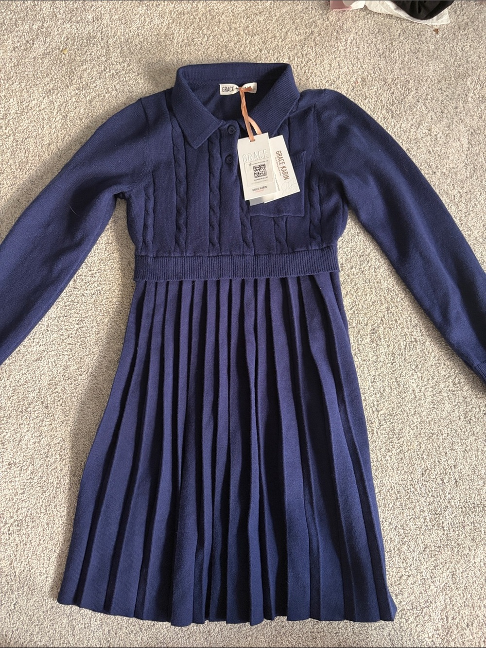 Grace Karin Girls' Navy Cable-Knit Pleated Polo Dress